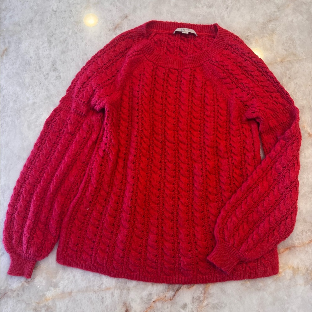 LOFT Red Cable Knit Sweater Cozy Chunky Crewneck Size Small
